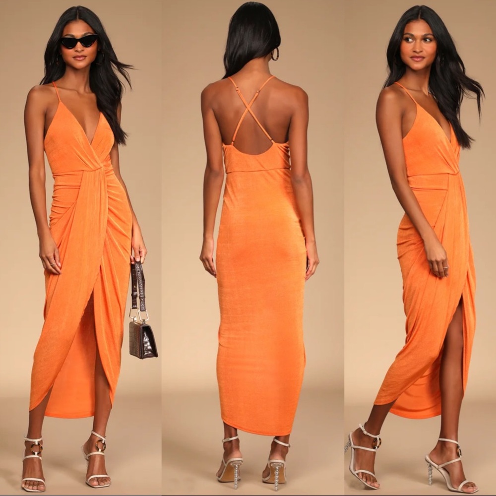 LULU’S Dreamy Date Slinky Orange Draped High Low Midi Maxi Dress Sz S